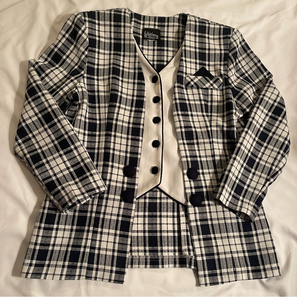 Whirlaway Frocks Blue and White Plaid Blazer Built In Vest